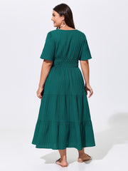 Shirred Waist Split Neckline Tiered Maxi Dress