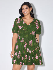 Floral Print Pleated V-Neck Mini Dress