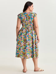 Playful Floral Print Ruffled Straps Midi Dress