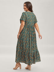 Rayon Floral Print Neck Tie Pockets Maxi Dress