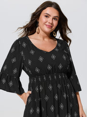 Geometric Print Flare Sleeve Shirred Waist Midi Dress