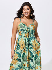 Tropical Print Shirred Knotted Front Maxi Dress