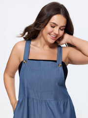 Overall Straps Ruffled Hem Pockets Faux Denim Jumpsuit