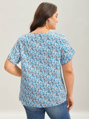 Floral Print Petal Sleeve Pleated Neck Blouse