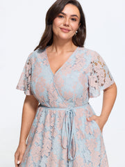 Crochet Lace Mesh Waist-Tie Midi Dress
