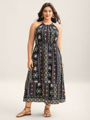 Rayon Tropical Boho Print Stretchy Midi Dress