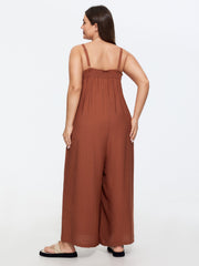 Supersoft Shirred Sleeveless Plain Wide-Leg Jumpsuit
