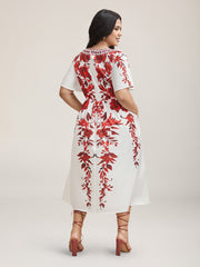 Bohemian Floral Print Stretchy Waist Midi Dress