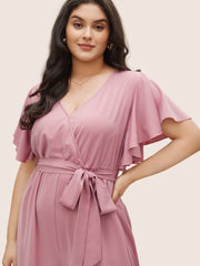 Anti-Wrinkle Plain Belted Flutter Sleeve Zipper Jumpsuit