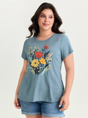 Floral Print Round Neck Textured T-Shirt
