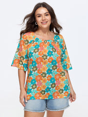 Cotton Floral Print Ruffle Mid Sleeve Top