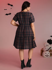 Cotton Retro Plaid Print Tiered Stretchy Mini Dress