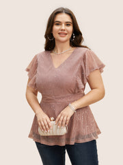 Glitter Mesh V Neck Ruffle Cap Sleeve Blouse