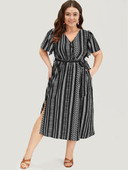 Geometric Print Flutter Sleeve Pocket Wrap Belt Split Dress