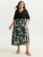 Tropical Floral Print Sleeve Tie Midi Dress