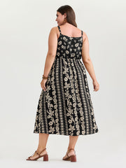 Monochrome Boho Print Pockets Midi Dress