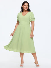 Plain Layered Sleeve Cinched-Waist Midi Dress