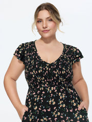 Floral Print V-Neck Ruffled Sleeve Mini Dress