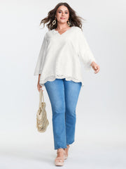 Cotton Floral Eyelet Trim Notched Collar Blouse