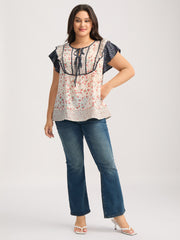 Floral Panel Ruffled Sleeve Blouse