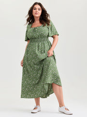 Floral Print Shirred Pockets Midi Dress