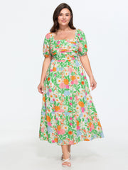 Floral Print Pleated Square Neckline Midi Dress