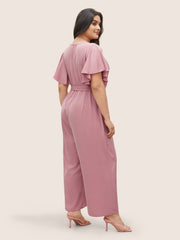 Anti-Wrinkle Plain Belted Flutter Sleeve Zipper Jumpsuit