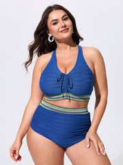 Textured Color Contrast High Waisted Swim Bottoms