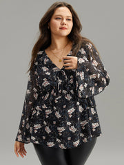 Ditsy Floral Ties Ruffles Elastic Waist Blouse