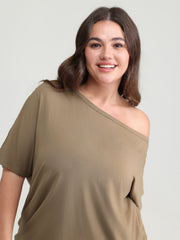 Supersoft One-Shoulder Draped Plain Knit Top