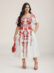 Bohemian Floral Print Stretchy Waist Midi Dress