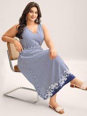 Stripes Cinched-Waist Floral Hem Midi Dress