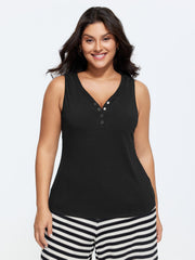 Supported Bra Button Detail Split Neckline Tank Top