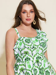Geometric Print Cinched-Waist Swim Dress