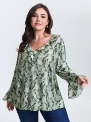 Breezy Floral Print Ruffled Neckline Blouse