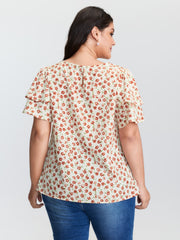 Floral Print Layered Sleeve Round Neck Blouse