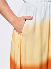 Color Contrast Tiered Drawstring Neckline Midi Dress