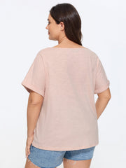 Cotton Lace Neckline Casual Plain T-Shirt