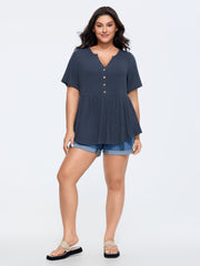 Stretchy Notched Collar Button Detail Knit Top