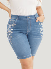 Very Stretchy High Rise Dark Wash Floral Embroidered Denim Shorts
