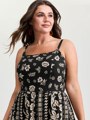 Monochrome Boho Print Pockets Midi Dress