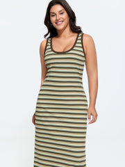Striped Print Ribbed Scoop Neck Midi Dress