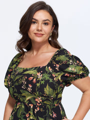 Tropical Floral Print Split Hem Midi Dress