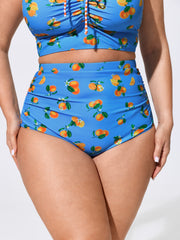 Citrus Print Ruched High Waisted Swim Bottoms