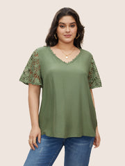 Plain V Neck Floral Patchwork Blouse