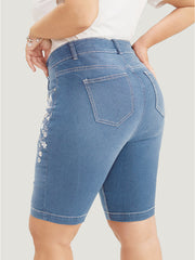 Very Stretchy High Rise Dark Wash Floral Embroidered Denim Shorts