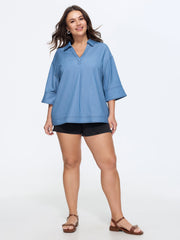 Pleated Relaxed-Fit Plain Faux Denim Blouse