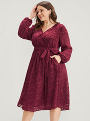 Floral Pocket Lantern Sleeve Belted Surplice Neck Dress