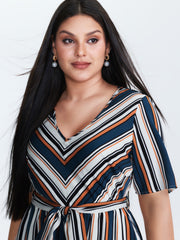 Striped Waist-Tie Pockets Midi Dress
