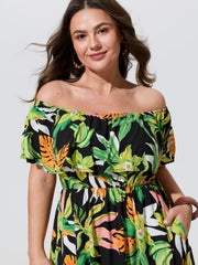 Tropical Print Cold-Shoulder Maxi Dress